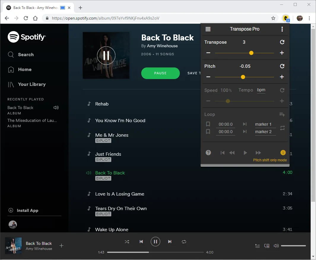 How to change the pitch on Spotify (web player)