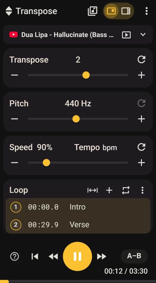 帶有歌曲欄、移調、音高、速度和循環標記的 Transpose 彈窗