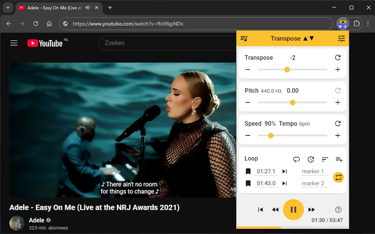 Transpose.Video loop and pitch controls on YouTube