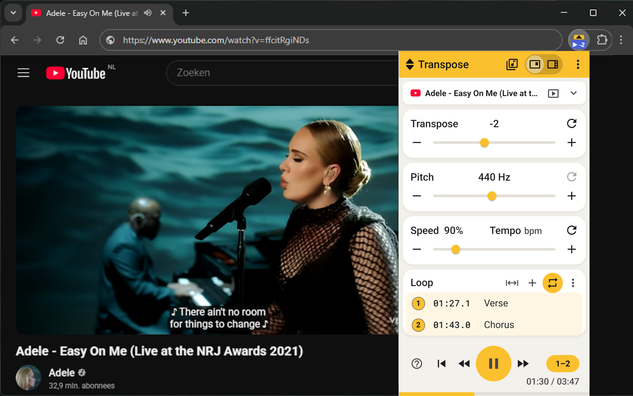 Transpose pitch, speed and loop controls beside a music video in the browser