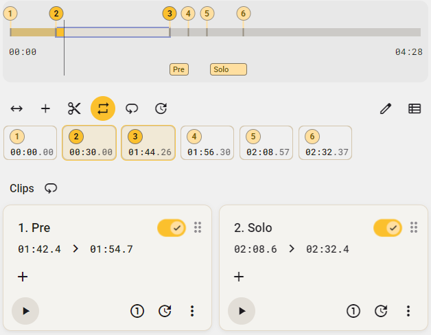 Pro UI showing markers, timeline and clips panel