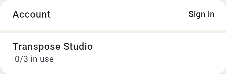 Account card in Settings with Sign in and Studio access