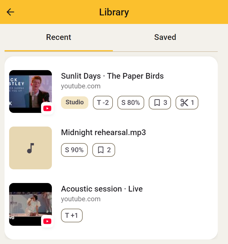 Library with Recent selected and songs showing their remembered settings