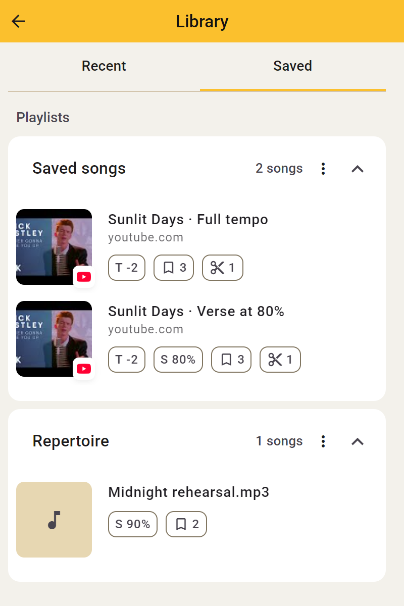 Saved practice versions in Library, organized in lists
