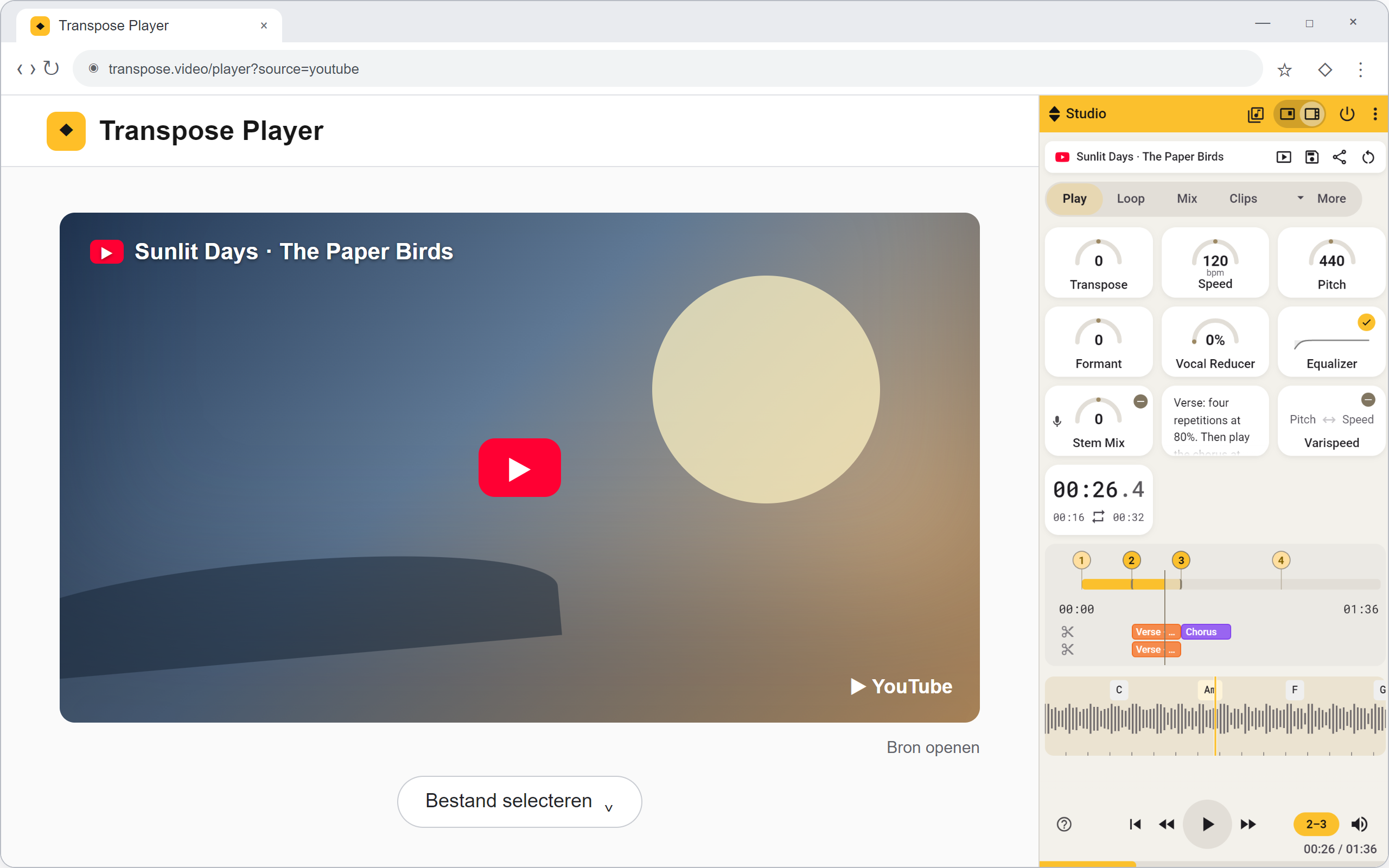 Chrome with a YouTube song and the browser header Transpose above Studio in Side