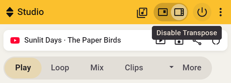 Power button at the top right of Studio, with Disable Transpose shown on hover