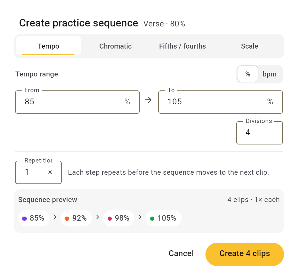 Practice sequence dialog and a populated tempo preview