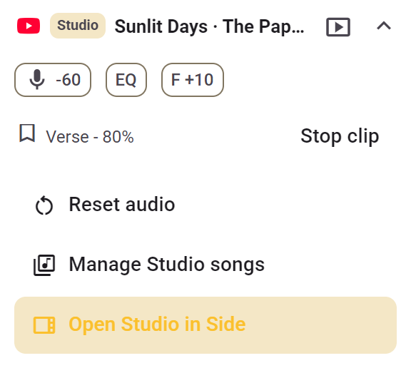 Rozbalená lišta skladby Studio se Stem Mix, EQ, Formantem, aktivním klipem a akcemi resetu, správy skladeb a otevření Side