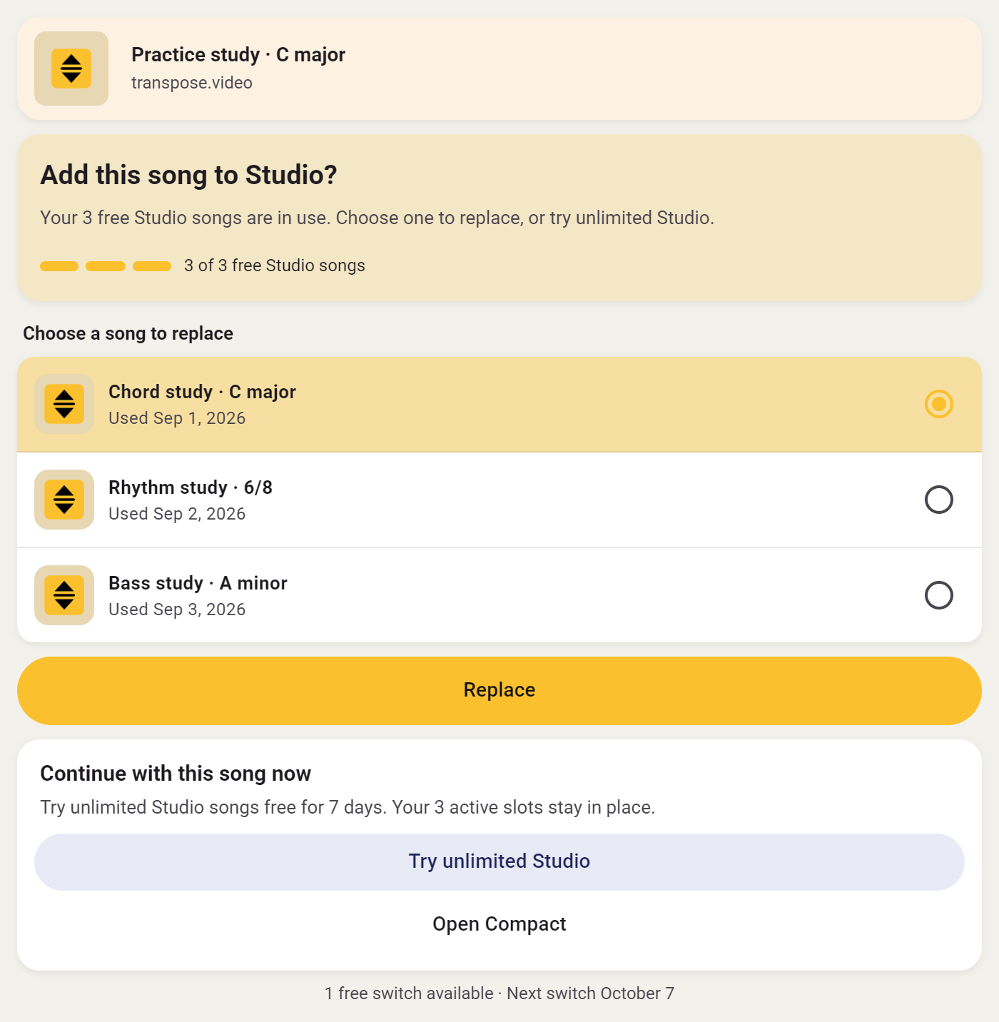 Manage Studio songs and replace a song