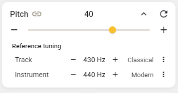 Reference Tuning panel — Track set to 430 Hz Classical, Instrument set to 440 Hz Modern